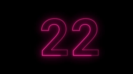 Glowing neon pink number twenty two 22 animation on black background futuristic digital countdown