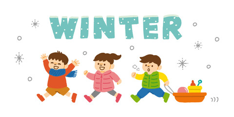 子供 雪遊び 走る 3人組 冬 イラスト 手描き
