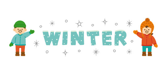 子供 冬 ロゴ イラスト 手描き 冬服 ニット帽 ダウン 笑顔 冬素材