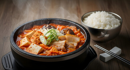 Korean Kimchi Stew with Tofu and Pork Belly Served Hot in a Black Bowl. With a bowl of warm white rice