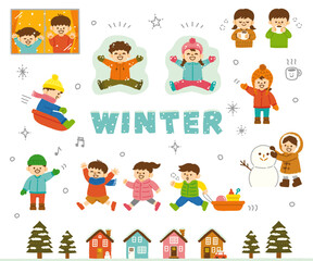 冬 子供 雪 冬休み セット イラスト 手描き 雪遊び 冬服 素材