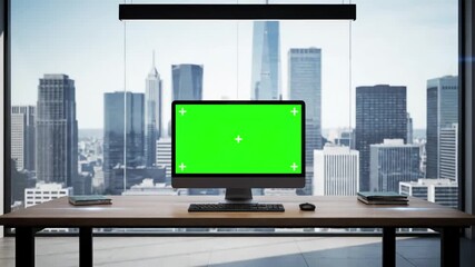 Green Screen desktop computer monitor with mock up chroma key display standing on the desk in modern business office background glass wall big city zoom out shot scene 4 distortion, overlay, glitch - Powered by Adobe