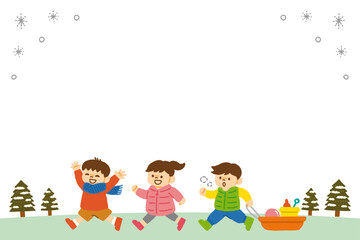 子供 走る 雪 景色 背景素材 イラスト 手描き シンプル 冬 冬休み