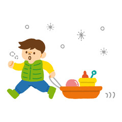 雪遊び 子ども そり 道具 ボール 冬 イラスト 手描き
