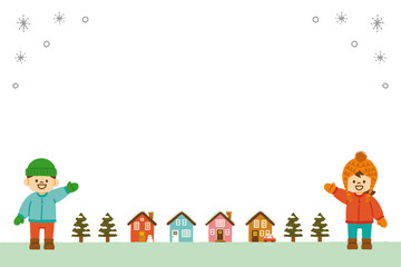 子供 雪 街並み 冬 背景 イラスト 手描き シンプル 北欧風 素材