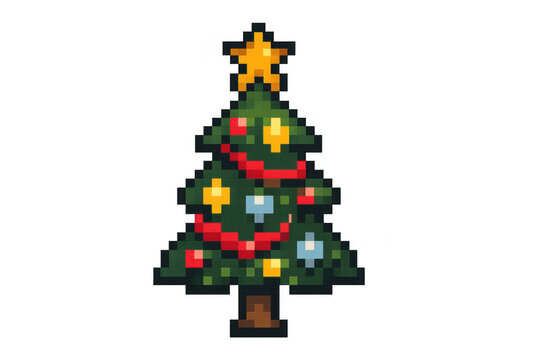 Pixel art christmas tree displaying holiday spirit, retro video game style, seasonal decoration with star, transparent background - Powered by Adobe