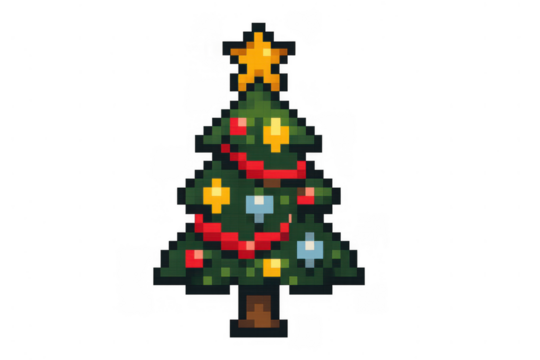 Pixel art christmas tree displaying holiday spirit, retro video game style, seasonal decoration with star, transparent background