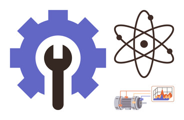 Gear and wrench symbolizing maintenance, atomic structure representing science, with an electric motor and performance graph. Ideal for engineering, repair, innovation, technology, science