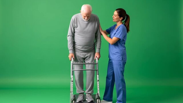Woman nurse helping senior man client use a walking frame on a green screen. Elderly physical rehabilitation services footage.