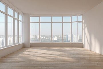 Obraz premium Bright empty room features expansive panoramic windows overlooking an urban landscape