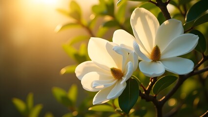 Close up of two white magnolia flowers with green leaves and sunlight in the background shining softly