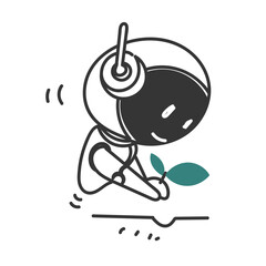 hand drawn doodle robot holding plant seeds cartoon