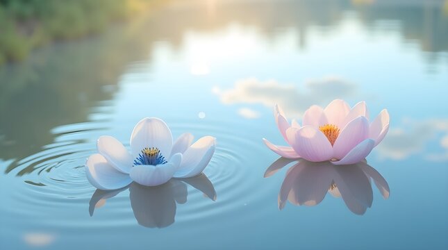 Two lotus flowers floating on a calm body of water with a reflection and soft diffused lighting