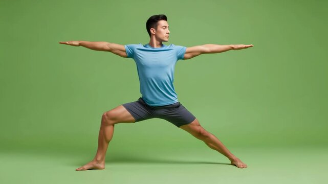 Young man performing yoga poses on green screen, transitioning from wide leg to warrior pose for strength and flexibility footage.