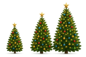 Collection of decorated christmas trees glowing with string lights, colorful baubles, and star toppers, celebrating winter holidays