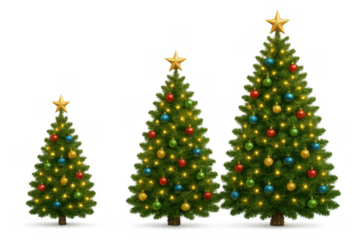Collection of decorated christmas trees glowing with string lights, colorful baubles, and star toppers, celebrating winter holidays