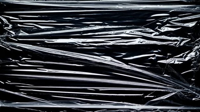 plastic overlay texture of realistic crumpledtransparent plastic film wrap on black background