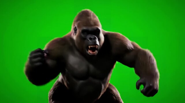 Green Screen funny brown gorilla fighting super realistic fur and hair 4k animation scene 4 with distortion, overlay, glitch, static noise, scan lines on black background, animated video loop