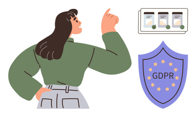 Woman gesturing towards approved document files and GDPR shield focusing on data privacy. Ideal for legal, regulation, security, compliance, privacy, information protection, and safety concepts