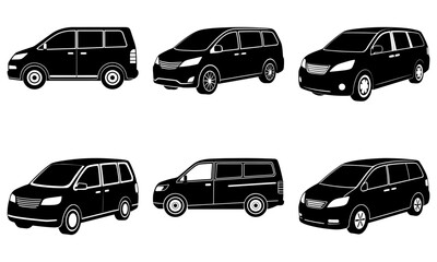 Fototapeta premium Modern Minivan Fleet: Sleek Silhouette Collection for Family Transport, Business Travel, and Versatile Vehicle Designs, Created from Scalable Vector Graphics