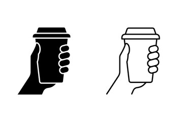 Hand holding coffee cup icon set vector. Take away coffee in reusable cup paper or plastic. Coffee shop logo, label, badge, icons, vintage, hipster modern style, premium coffee bean bar brand symbol.
