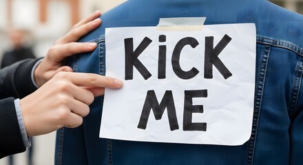 Kick Me Prank Sign on Blue Jacket Back: Humorous Paper Note with Tape, Funny Teasing, Joke and Surprise, Mischief Object and Office Prank