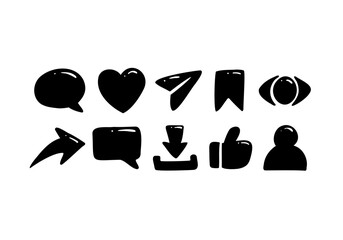 Set Social media engagement bold icon button doodle include like and love, share, comment, bookmark, views, download and follow user