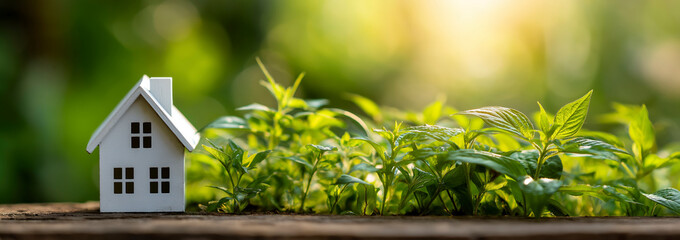 Miniature White House Model Amidst Lush Green Foliage and Sunlight