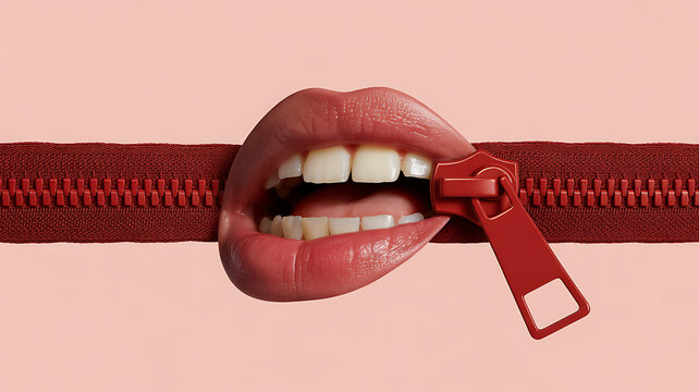 A womans open mouth with teeth visible, a red zipper partially unzipped, suggesting breaking silence