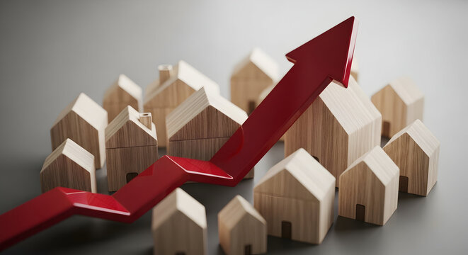 Housing Market Growth: Red Arrow Illustrates Rising Real Estate Prices and Property Value Trend