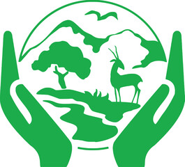 Hands Holding Earth Landscape Conservation Logo, Green Eco Symbol with Deer Tree Mountain and River