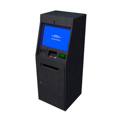 A detailed 3D rendering of a modern ATM machine with a blue digital screen, keypad, and card slot. The realistic hard-surface model represents banking, finance, money withdrawal, and transaction.
