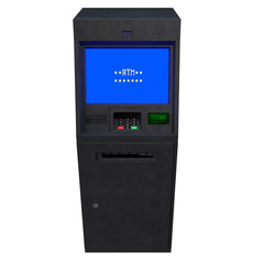 A detailed 3D rendering of a modern ATM machine with a blue digital screen, keypad, and card slot. The realistic hard-surface model represents banking, finance, money withdrawal, and transaction.