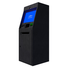 A detailed 3D rendering of a modern ATM machine with a blue digital screen, keypad, and card slot. The realistic hard-surface model represents banking, finance, money withdrawal, and transaction.