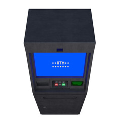 A detailed 3D rendering of a modern ATM machine with a blue digital screen, keypad, and card slot. The realistic hard-surface model represents banking, finance, money withdrawal, and transaction.