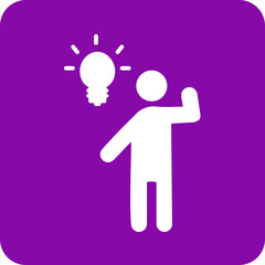 White silhouette of a person with a bright idea symbolized by a glowing light bulb above their head on a purple background