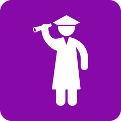 White graduation cap and gown figure holding diploma looking into the distance on a purple background