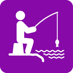 Simple white silhouette of a person sitting and fishing with a rod and reel on a purple background