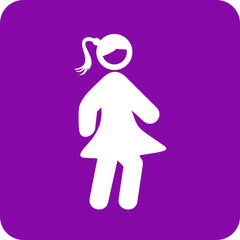 Simple white silhouette of a girl with a ponytail wearing a dress standing against a vibrant purple background
