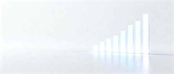 Minimalist 3D graph, consisting of glowing white columns moving upwards, symbolizing growth, success, and progress.
