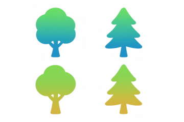 Four gradient tree icons representing nature and environment, including deciduous and coniferous species, on transparent background