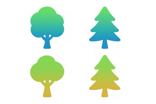 Four gradient tree icons representing nature and environment, including deciduous and coniferous species, on transparent background