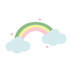 Pastel Rainbow with Cute Clouds and Hearts Vector Illustration for Spring and Kids Design