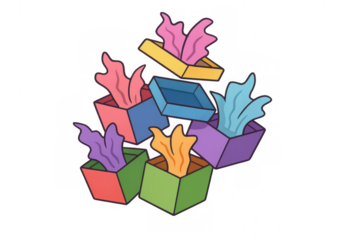 Colorful opened gift boxes with wrapping paper popping out, symbolizing celebration, surprise, and unboxing presents