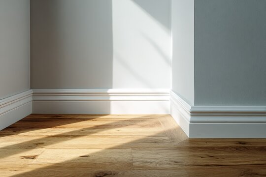 Interior corner of a room displaying natural light streaming across wooden flooring and white baseboards