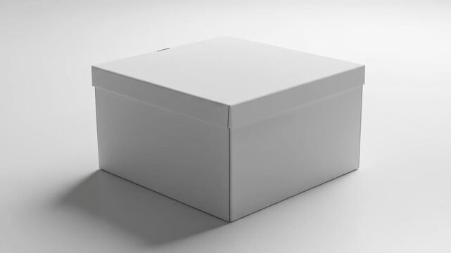A plain white square box with a lid sits on a white surface, with soft shadows