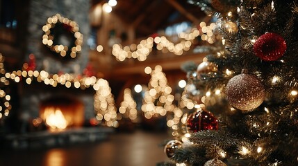 Decorated christmas tree with ornaments and lights in a cozy room with fireplace.