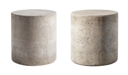 Concrete Cylinder Prop: Cylindrical concrete block with rough texture and flat top, minimal brutalist design, PNG cut out.