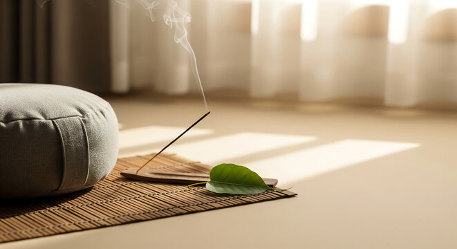 Calm setting copy space for spiritual practice with a meditation cushion, burning incense, and soft morning light for wellness and mindfulness