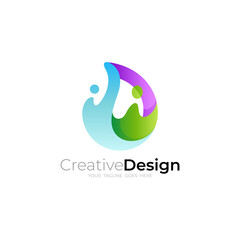 Water drop logo with splash effect in colorful gradient 3d design style